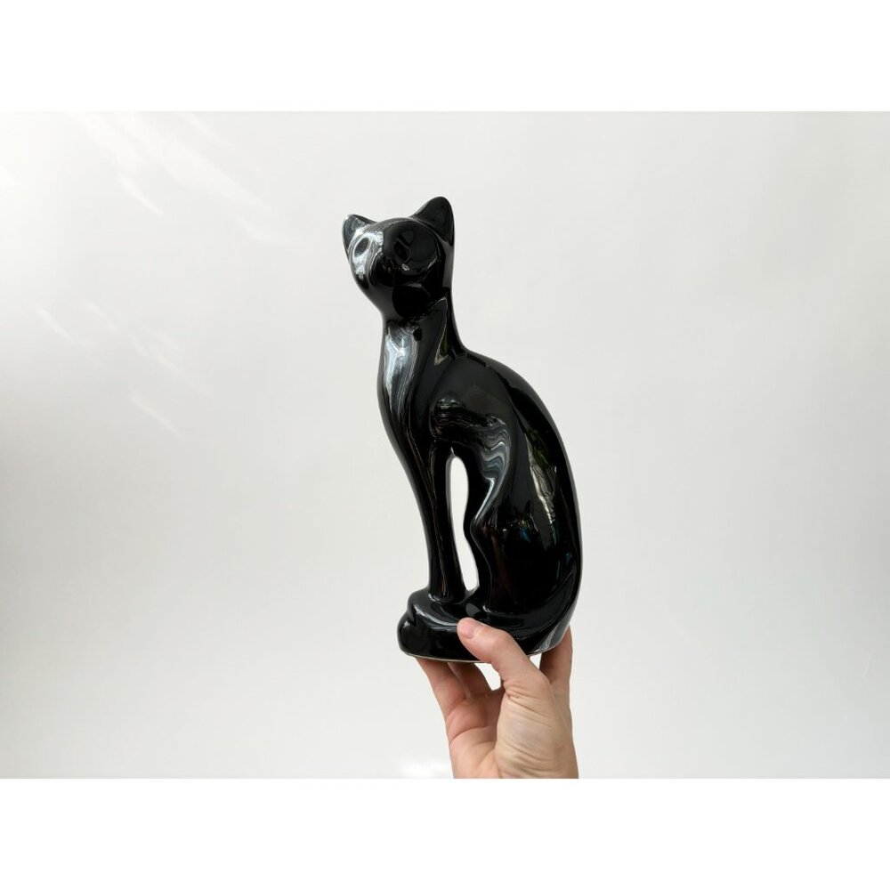 Midcentury Modern Black Ceramic Felt Bottom Vintage Tall Cat Statue - Picture 9 of 10